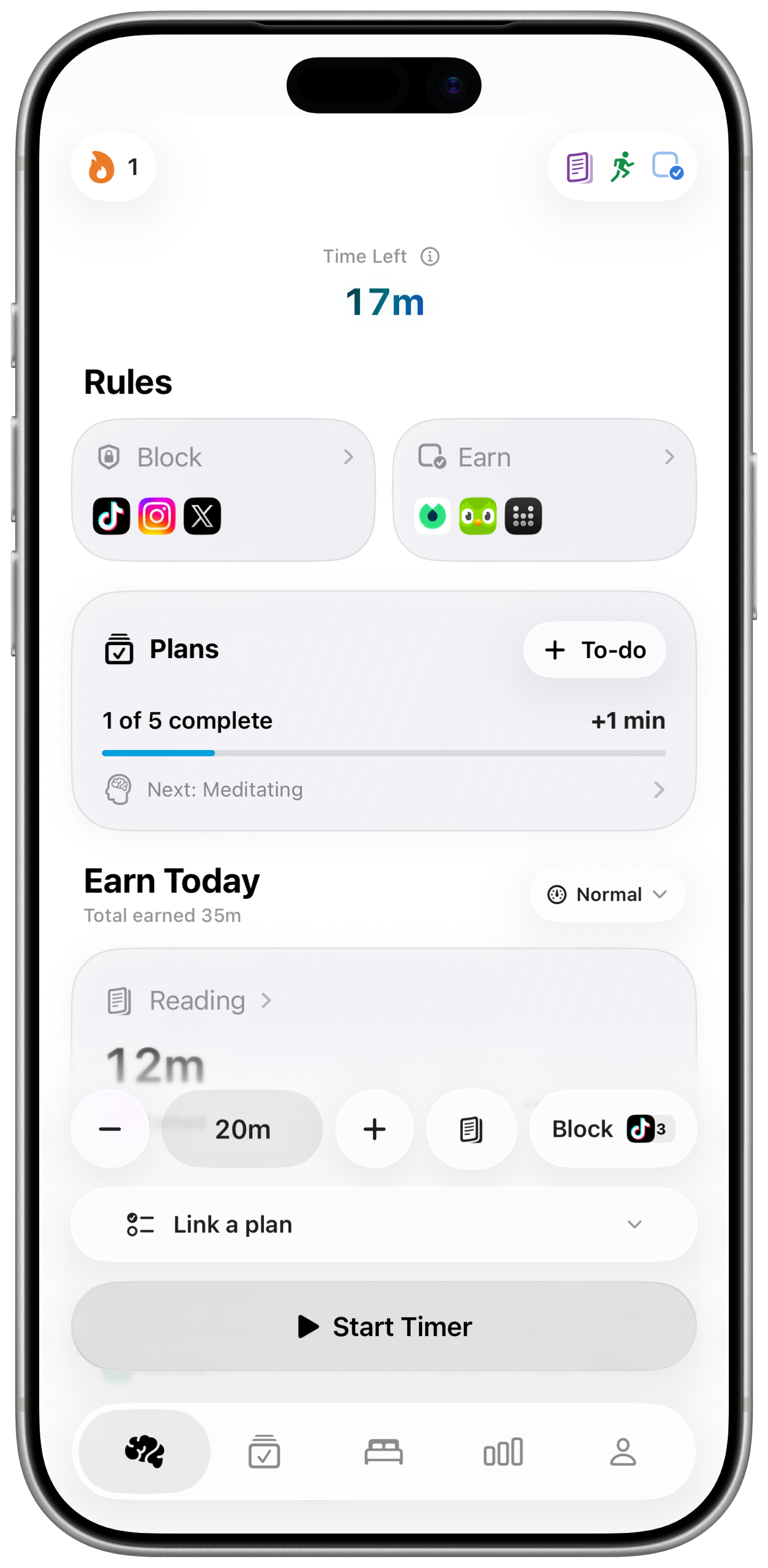 BrainShift dashboard showing app-blocking rules, Plans, and an earned screen-time balance