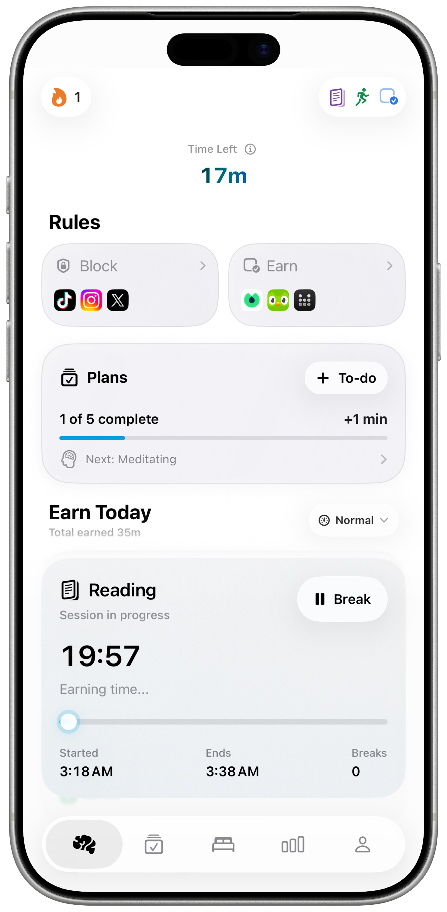 BrainShift focus timer showing a Reading session earning time