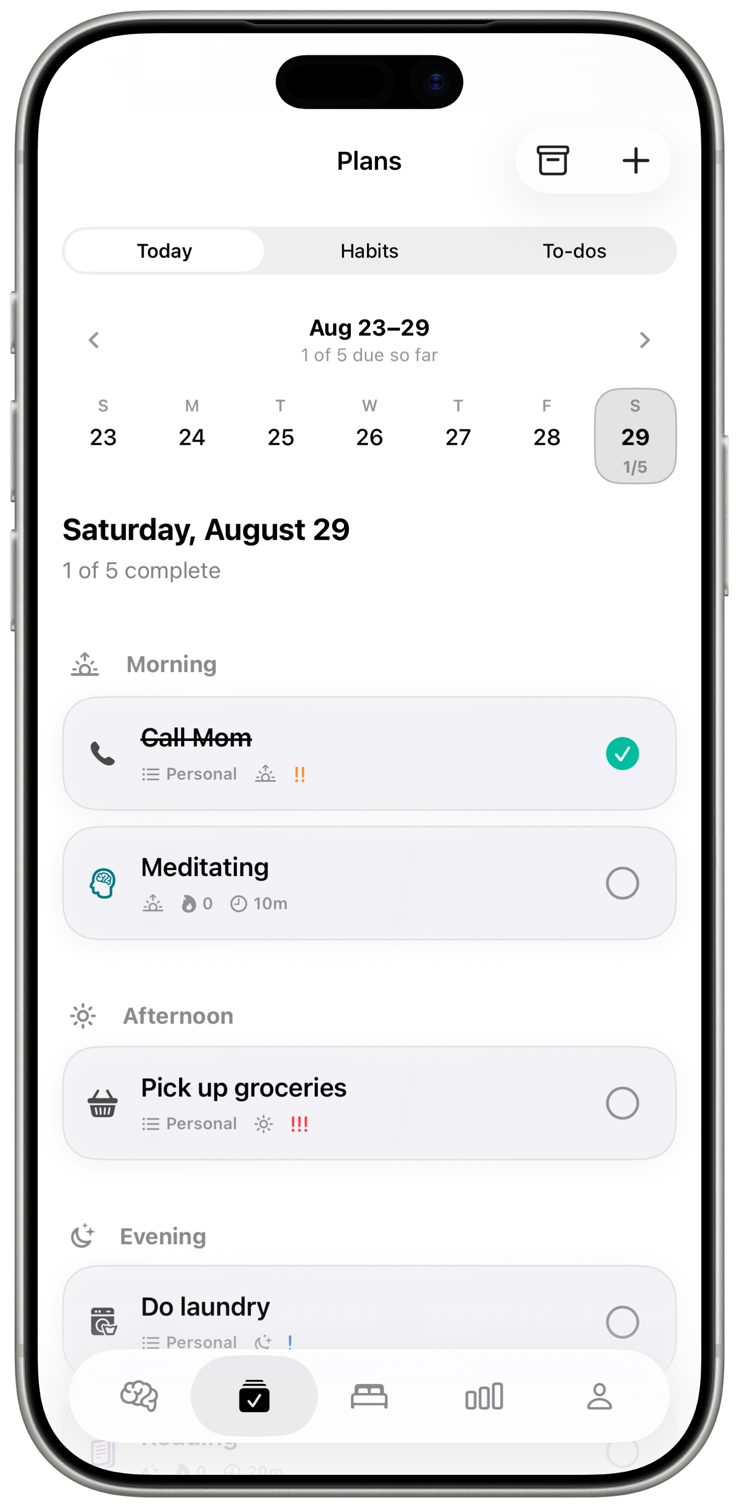 BrainShift Plans view with habits and to-dos organized throughout the day