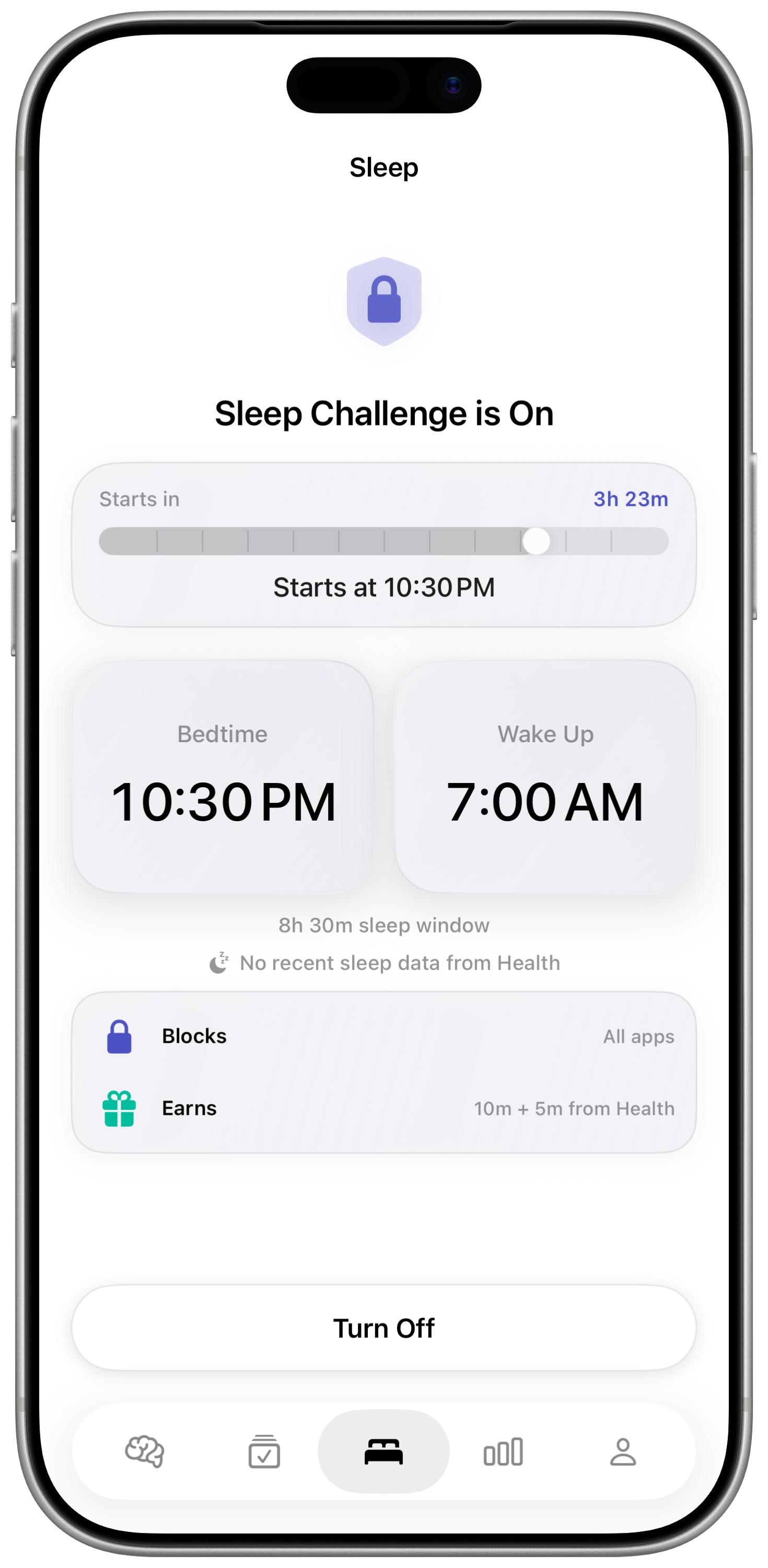 BrainShift Sleep Challenge showing a bedtime, wake-up time, and app-blocking sleep window