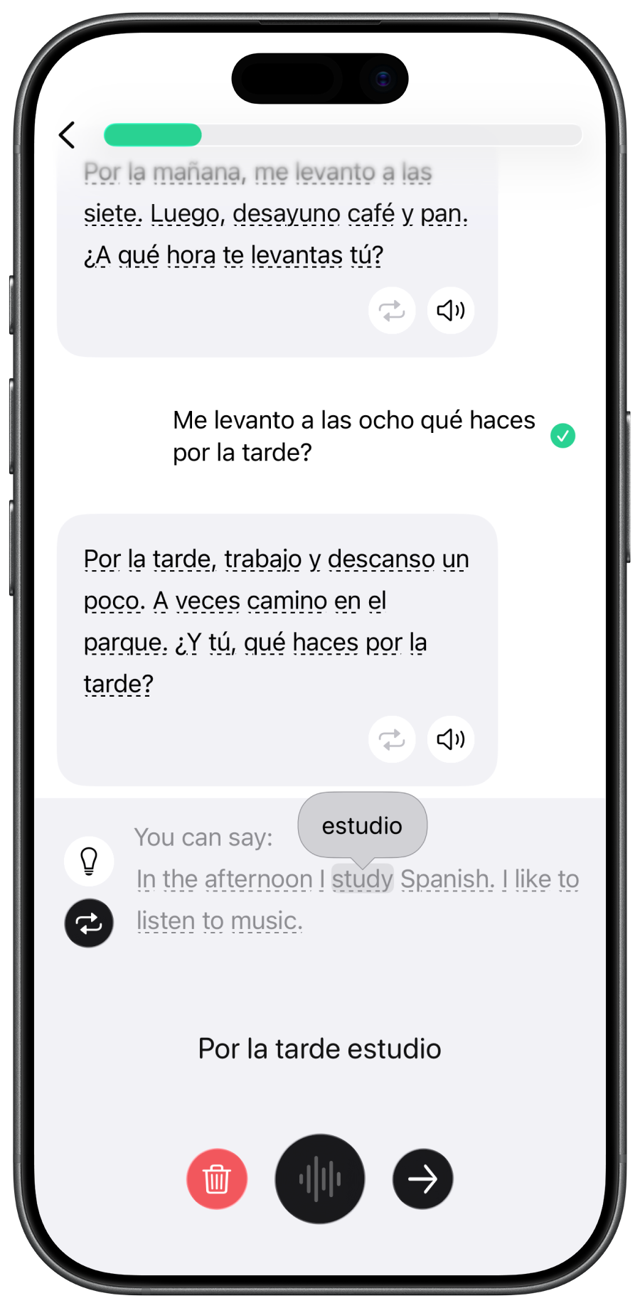 Practice a Spanish sentence with guided hints in Engage